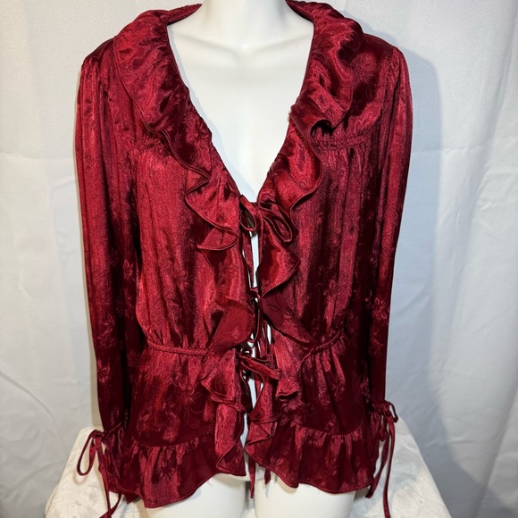 Love and Piece Collective Tops - Love & Piece Collective Burgundy Ruffle Tie Blouse Large
